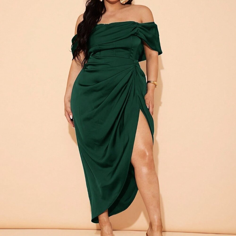 Dark Green Elegant Women's Plus Size Draping Midi Dress - Picture 6 of 7